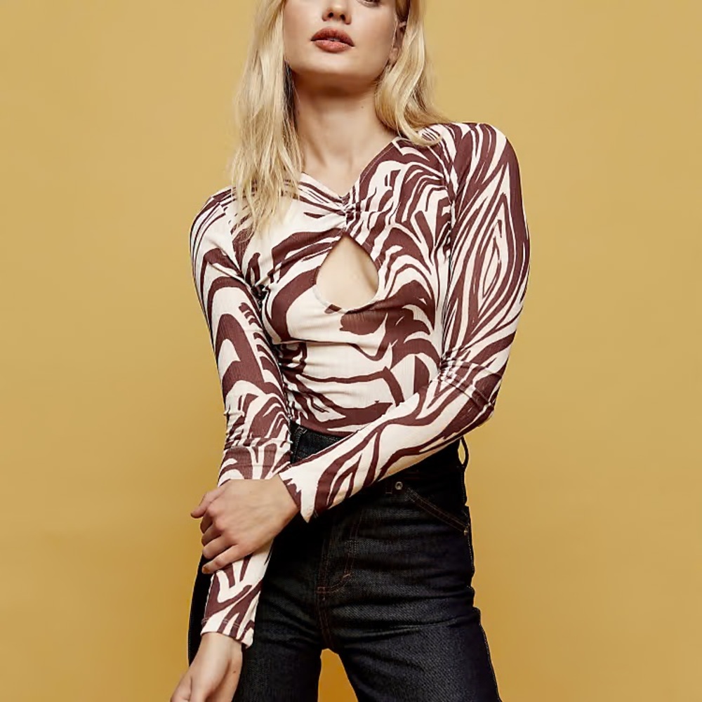 Topshop Red and White Long Sleeve Cut Out Blouse